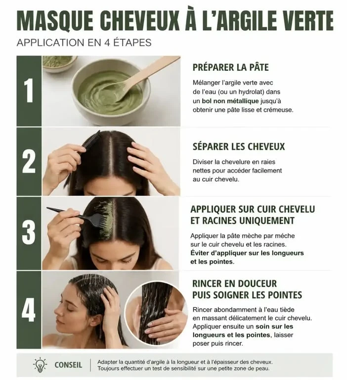 Étapes d’application d’un masque cheveux à l’argile verte sur les racines