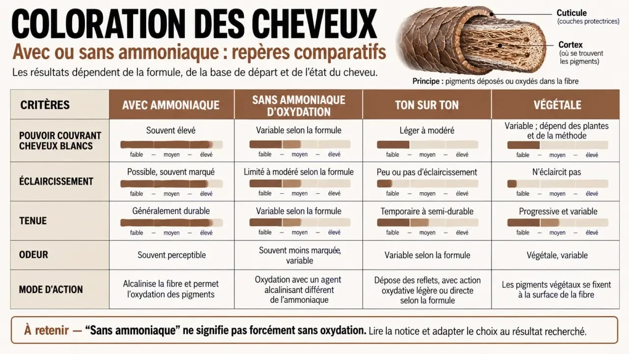 Infographie comparative sur la couleur cheveux sans ammoniaque et les différents types de coloration