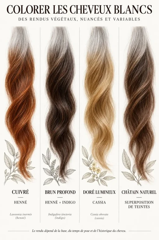 Coloration naturelle des cheveux blancs : exemples de nuances au henné, à l’indigo et au cassia