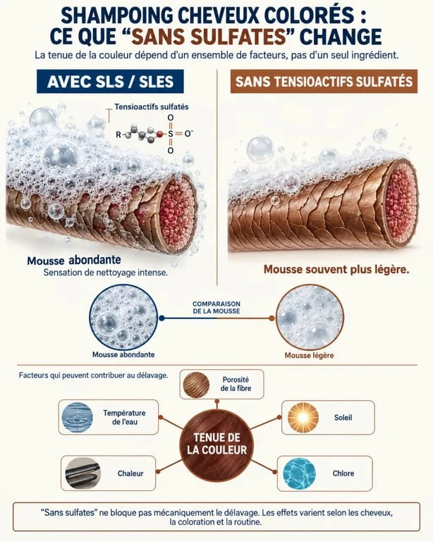 Visuel pédagogique sur le shampoing cheveux colorés sans sulfates et les facteurs qui influencent la tenue de la couleur
