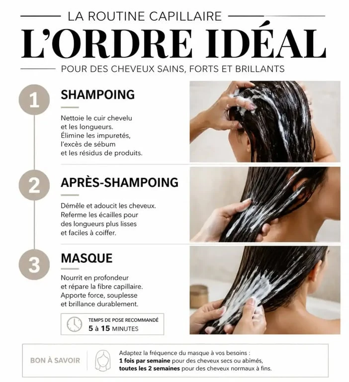 Infographie illustrant la routine capillaire avec après-shampoing naturel