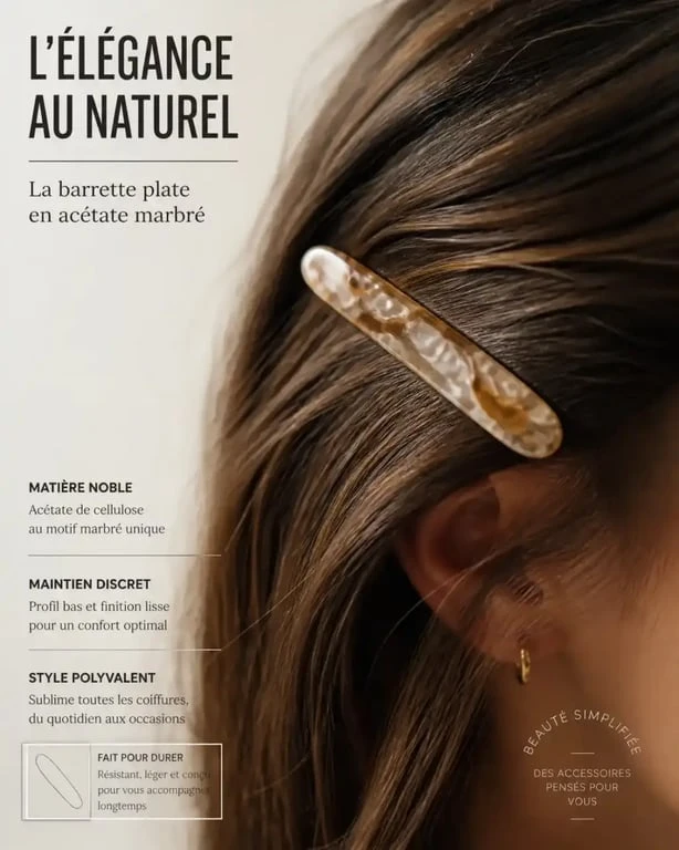 Gros plan sur une barrette cheveux plate en acétate sur une mèche brune