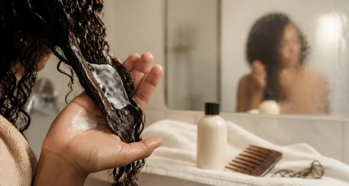 Leave-in conditioner sur cheveux bouclés humides en salle de bain