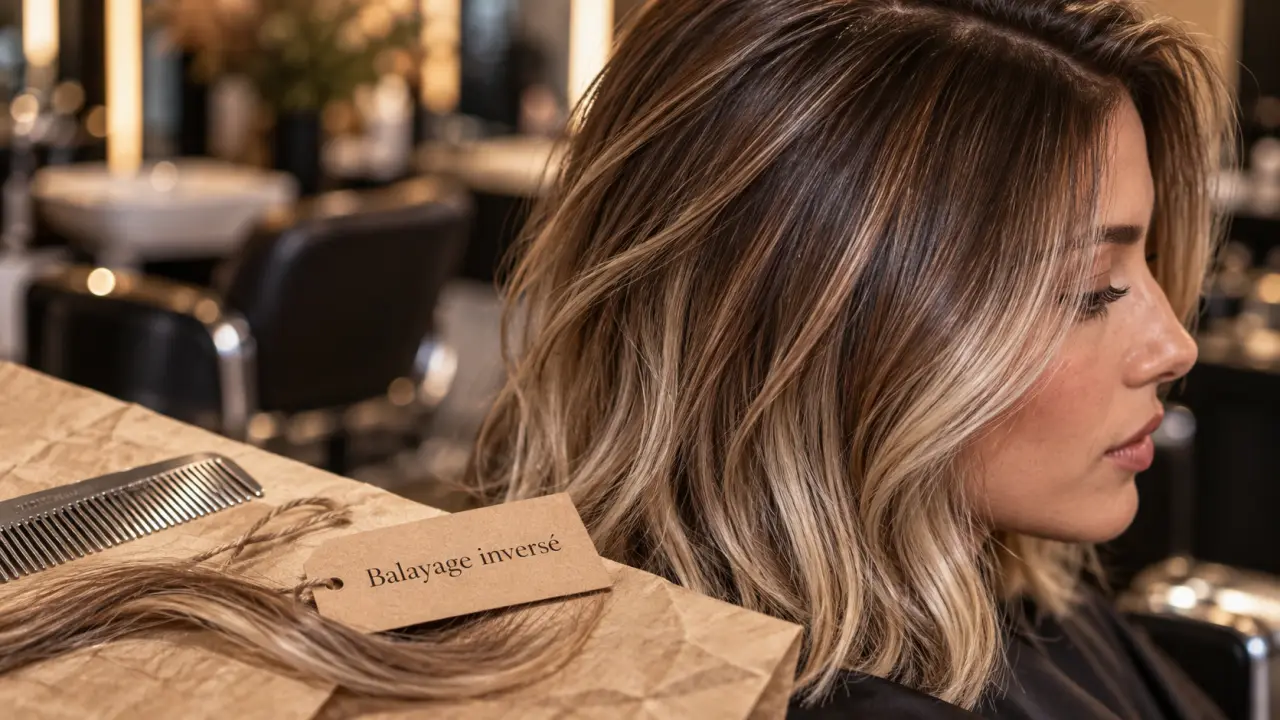 Racines foncées longues claires, balayage inversé, mèches éclaircies