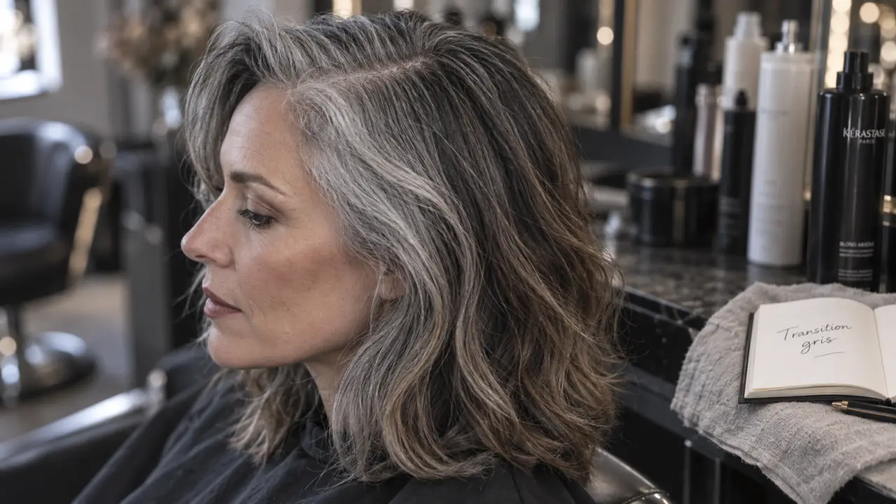 Transition cheveux colorés cheveux gris : démarcation adoucie, racines grises fondues